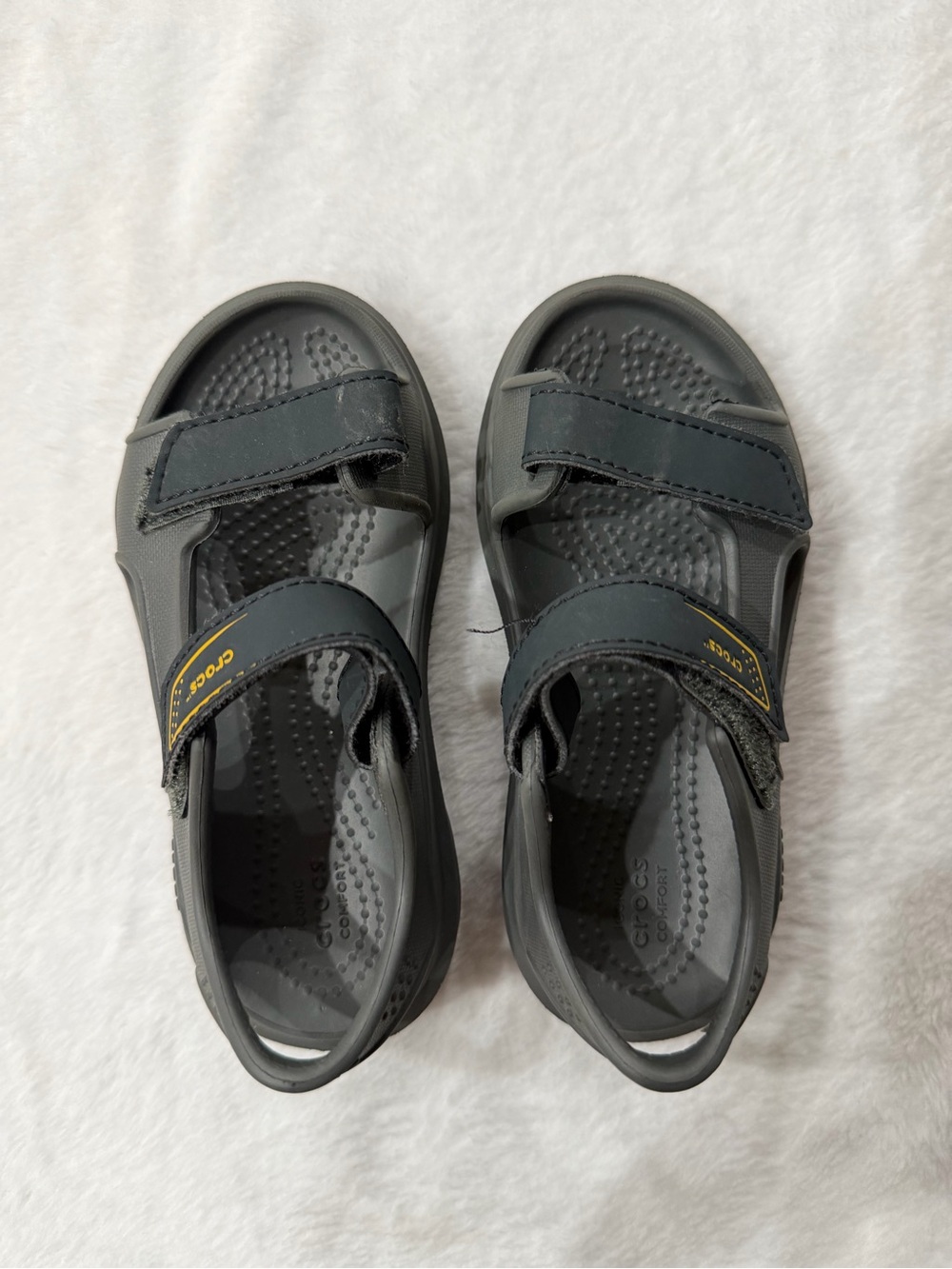 CROCS Kids' Dark Gray Velcro Sport Sandals with Yellow Accent